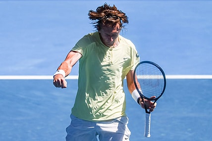 Jan 22, 2023; Melbourne, VICTORIA, Australia; Sebastian Korda from the United States during his fourth round match against Hubert Hurkacz from Poland on day seven of the 2023 Australian Open tennis tournament at Melbourne Park. Mandatory Credit: Mike Frey-USA TODAY Sports