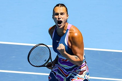 Jan 23, 2023; Melbourne, Victoria, Australia; Aryna Sabalenka from Belarus during her round four match against Belinda Bencic from Switzerland on day eight of the 2023 Australian Open tennis tournament at Melbourne Park. Mandatory Credit: Mike Frey-USA TODAY Sports