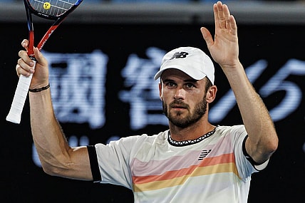Jan 23, 2023; Melbourne, Victoria, Australia; Tommy Paul of the United States celebrates his victory over Roberto Bautista-Agut of Spain on day eight of the 2023 Australian Open tennis tournament at Melbourne Park. Mandatory Credit: Mike Frey-USA TODAY Sports