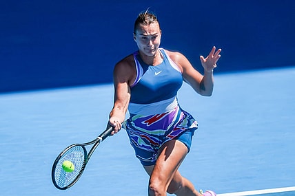Jan 25, 2023; Melbourne, Victoria, Australia; Aryna Sabalenka from Belarus during her quarter final match against Donna Vekic from Croatia on day ten of the 2023 Australian Open tennis tournament at Melbourne Park. Mandatory Credit: Mike Frey-USA TODAY Sports
