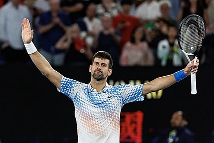 Jan 25, 2023; Melbourne, Victoria, Australia; Novak Djokovic of Serbia celebrates his victory over Andrey Rublev of Russia on day ten of the 2023 Australian Open tennis tournament at Melbourne Park. Mandatory Credit: Mike Frey-USA TODAY Sports