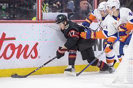 Jan 25, 2023; Ottawa, Ontario, CAN; Ottawa Senators center Ridly Greig (17) controls the puck in the first period against the New York Islanders at the Canadian Tire Centre. Mandatory Credit: Marc DesRosiers-USA TODAY Sports