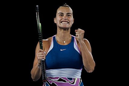 Jan 26, 2023; Melbourne, Victoria, Australia; Aryna Sabalenka of Russia celebrates her victory over Magda Linette of Poland on day eleven of the 2023 Australian Open tennis tournament at Melbourne Park. Mandatory Credit: Mike Frey-USA TODAY Sports