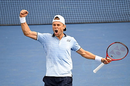 Aug 27, 2019; Flushing, NY, USA; Radu Albot of Moldova reacts after winning a point against Alexander Zverev of Germany on day two of the 2019 U.S. Open tennis tournament at USTA Billie Jean King National Tennis Center. Mandatory Credit: Danielle Parhizkaran-USA TODAY Sports
