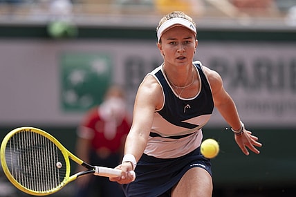 Jun 12, 2021; Paris, France; Barbora Krejcikova (CZE) in action during the women's final match against Anastasia Pavlyuchenkova (RUS) on day 14 of the French Open at Stade Roland Garros. Mandatory Credit: Susan Mullane-USA TODAY Sports