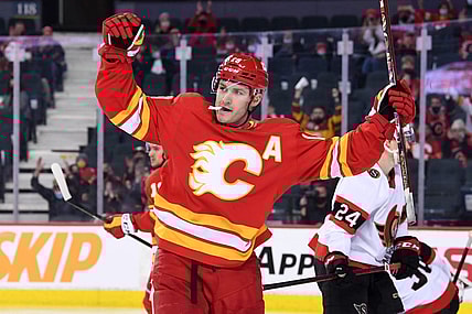 Jan 13, 2022; Calgary, Alberta, CAN; Calgary Flames forward Matthew Tkachuk (19) celebrates his third period goal against the Ottawa Senators at Scotiabank Saddledome. Senators won 4-1. Mandatory Credit: Candice Ward-USA TODAY Sports