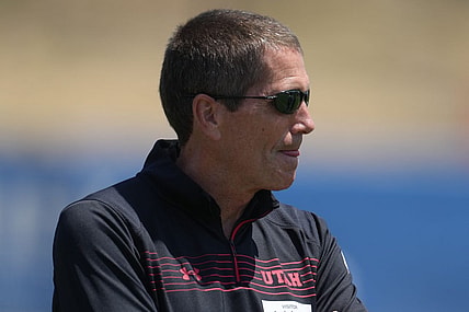 Jun 3, 2022; Thousand Oaks, CA, USA; Utah Utes offensive coordinator Andy Ludwig watches Los Angeles Rams organized team activities at California Lutheran University. Mandatory Credit: Kirby Lee-USA TODAY Sports