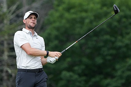 Jun 17, 2022; Brookline, Massachusetts, USA; Thomas Pieters watches his shot from the eighth tee during the second round of the U.S. Open golf tournament. Mandatory Credit: John David Mercer-USA TODAY Sports