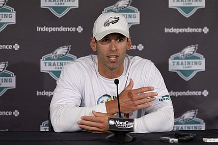 Jul 29, 2022; Philadelphia, PA, USA; Philadelphia Eagles defensive coordinator Jonathan Gannon speaks with the media at training camp at NovaCare Complex. Mandatory Credit: Bill Streicher-USA TODAY Sports