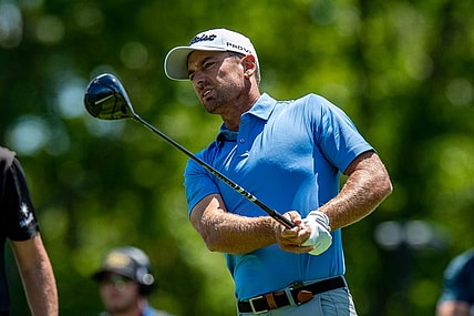 Jul 30, 2022; Bedminster, New Jersey, USA; Charles Howell III watches his tee shot on hole 3 during the second round of a LIV Golf tournament at Trump National Golf Club Bedminster. Mandatory Credit: John Jones-USA TODAY Sports