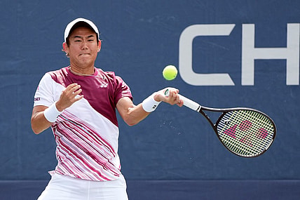 Aug 29, 2022; Flushing, NY, USA; Yoshihito Nishioka of Japan hits a shot against Alejandro Davidovich Fokina of Spain on day one of the 2022 U.S. Open tennis tournament at USTA Billie Jean King National Tennis Center. Mandatory Credit: Jerry Lai-USA TODAY Sports