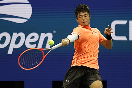 Sep 2, 2022; Flushing, NY, USA; Yibing Wu (CHN) hits a forehand against Daniil Medvedev (not pictured) on day five of the 2022 U.S. Open tennis tournament at USTA Billie Jean King Tennis Center. Mandatory Credit: Geoff Burke-USA TODAY Sports