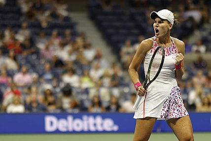 Sep 4, 2022; Flushing, NY, USA; Veronika Kudermetova reacts after winning a point against Ons Jabeur (TUN) (not pictured) on day seven of the 2022 U.S. Open tennis tournament at USTA Billie Jean King Tennis Center. Mandatory Credit: Geoff Burke-USA TODAY Sports