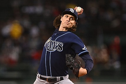 Oct 3, 2022; Boston, Massachusetts, USA; Tampa Bay Rays starting pitcher Tyler Glasnow (20) pitches against the Boston Red Sox during the first at inning at Fenway Park. Mandatory Credit: Brian Fluharty-USA TODAY Sports