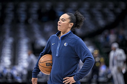 Nov 20, 2022; Dallas, Texas, USA; Dallas Mavericks assistant coach Kristi Toliver before the game between the Dallas Mavericks and the Denver Nuggets at the American Airlines Center. Mandatory Credit: Jerome Miron-USA TODAY Sports