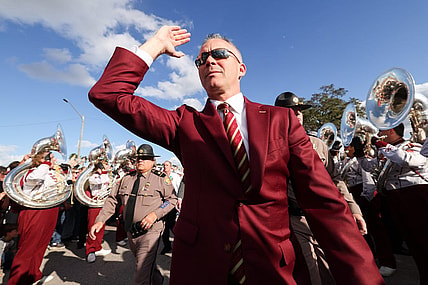 Dec 29, 2022; Orlando, Florida, USA; Florida State Seminoles head coach Mike Norvell arrives for a game against the Oklahoma Sooners in the 2022 Cheez-It Bowl at Camping World Stadium. Mandatory Credit: Nathan Ray Seebeck-USA TODAY Sports