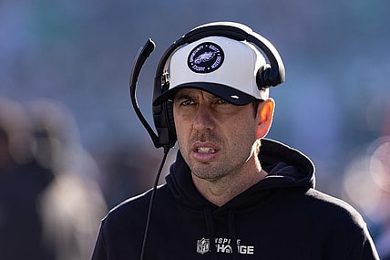 Jan 1, 2023; Philadelphia, Pennsylvania, USA; Philadelphia Eagles offensive coordinator Shane Steichen looks on during the first quarter against the New Orleans Saints at Lincoln Financial Field. Mandatory Credit: Bill Streicher-USA TODAY Sports