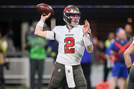 Jan 8, 2023; Atlanta, Georgia, USA; Tampa Bay Buccaneers quarterback Kyle Trask (2) throws a pass against the Atlanta Falcons in the second half at Mercedes-Benz Stadium. Mandatory Credit: Brett Davis-USA TODAY Sports