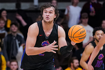 Jan 14, 2023; Laramie, Wyoming, USA; Boise State Broncos forward Tyson Degenhart (2) looks to pass against the Wyoming Cowboys during the first half at Arena-Auditorium. Mandatory Credit: Troy Babbitt-USA TODAY Sports