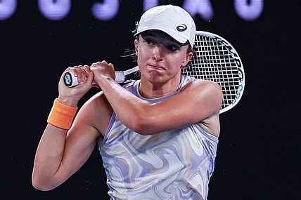 Jan 18, 2023; Melbourne, Victoria, Australia; Iga Swiatek during her second round match against Camila Osorio on day three of the 2023 Australian Open tennis tournament at Melbourne Park. Mandatory Credit: Mike Frey-USA TODAY Sports
