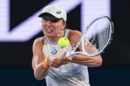 Jan 18, 2023; Melbourne, Victoria, Australia; Iga Swiatek during her second round match against Camila Osorio on day three of the 2023 Australian Open tennis tournament at Melbourne Park. Mandatory Credit: Mike Frey-USA TODAY Sports