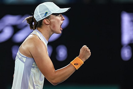 Jan 18, 2023; Melbourne, Victoria, Australia; Iga Swiatek during her second round match against Camila Osorio on day three of the 2023 Australian Open tennis tournament at Melbourne Park. Mandatory Credit: Mike Frey-USA TODAY Sports