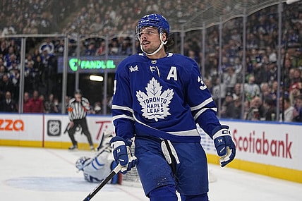 Jan 19, 2023; Toronto, Ontario, CAN; Toronto Maple Leafs forward Auston Matthews (34) heads to the bench after a scoring attempt against the Winnipeg Jets during the first period at Scotiabank Arena. Mandatory Credit: John E. Sokolowski-USA TODAY Sports