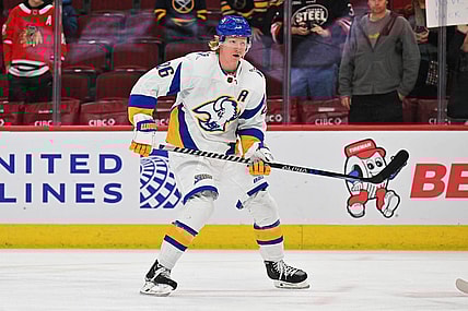 Jan 17, 2023; Chicago, Illinois, USA;  Buffalo Sabres defenseman Rasmus Dahlin (26) warms up before a game against the Chicago Blackhawks at United Center. Mandatory Credit: Jamie Sabau-USA TODAY Sports