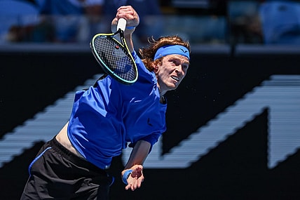 Jan 21, 2023; Melbourne, VICTORIA, Australia; Andrey Rublev from Russia during his third round match against  Daniel Evans from Great Britain on day six of the 2023 Australian Open tennis tournament at Melbourne Park. Mandatory Credit: Mike Frey-USA TODAY Sports