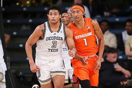 Jan 21, 2023; Atlanta, Georgia, USA; Georgia Tech Yellow Jackets guard Dallan Coleman (3) and Syracuse Orange forward Maliq Brown (1) in the second half at McCamish Pavilion. Mandatory Credit: Brett Davis-USA TODAY Sports