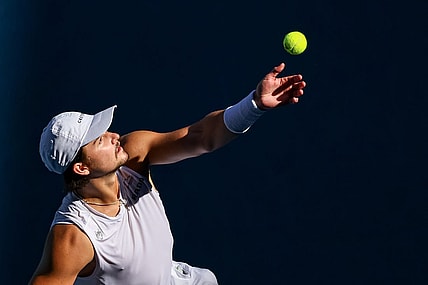 Jan 23, 2023; Melbourne, Victoria, Australia; J.J Wolf from the United States during his round four match against Ben Shelton from the United States on day eight of the 2023 Australian Open tennis tournament at Melbourne Park. Mandatory Credit: Mike Frey-USA TODAY Sports