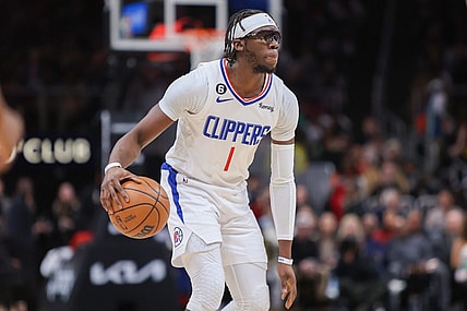 Jan 28, 2023; Atlanta, Georgia, USA; LA Clippers guard Reggie Jackson (1) dribbles against the Atlanta Hawks in the second half at State Farm Arena. Mandatory Credit: Brett Davis-USA TODAY Sports