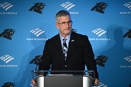Jan 31, 2023; Charlotte, NC, USA; Carolina Panthers head coach Frank Reich speaks at his introductory press conference at Bank of America Stadium. Mandatory Credit: Griffin Zetterberg-USA TODAY Sports
