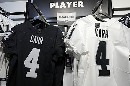 Feb 3, 2023; Las Vegas, NV, USA; A clearance sale on the jerseys of Las Vegas Raiders quarterback Derek Carr (4) at the Raider Image team store at Allegiant Stadium. Mandatory Credit: Kirby Lee-USA TODAY Sports