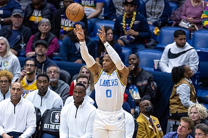 Feb 4, 2023; New Orleans, Louisiana, USA;  Los Angeles Lakers guard Russell Westbrook (0) shoots a jump shot against the New Orleans Pelicans during the first half at Smoothie King Center. Mandatory Credit: Stephen Lew-USA TODAY Sports