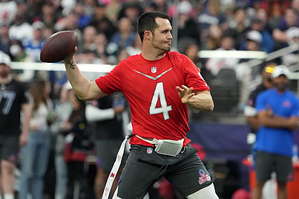 Feb 5, 2023; Paradise, Nevada, USA; AFC quarterback Derek Carr of the Las Vegas Raiders (4) throws the ball against the NFC during the Pro Bowl Games at Allegiant Stadium. Mandatory Credit: Kirby Lee-USA TODAY Sports