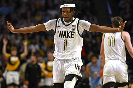 Feb 7, 2023; Winston-Salem, North Carolina, USA; Wake Forest Demon Deacons guard Tyree Appleby (1) celebrates after scoring a three point basket during the second half against the North Carolina Tar Heels at Lawrence Joel Veterans Memorial Coliseum. Mandatory Credit: William Howard-USA TODAY Sports