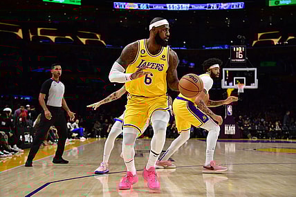 Feb 7, 2023; Los Angeles, California, USA; Los Angeles Lakers forward LeBron James (6) controls the ball against the Oklahoma City Thunder during the second half at Crypto.com Arena. Mandatory Credit: Gary A. Vasquez-USA TODAY Sports