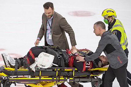 Feb 11, 2023; Ottawa, Ontario, CAN; Ottawa Senators goalie Anton Forsberg (31) is carried off the ice on a stretcher after being injured on a play in the third period against the Edmonton Oilers at the Canadian Tire Centre. Mandatory Credit: Marc DesRosiers-USA TODAY Sports
