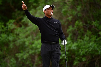 Feb 17, 2023; Pacific Palisades, California, USA; Tiger Woods reacts after hitting from the twelfth hole tee during the second round of The Genesis Invitational golf tournament. Mandatory Credit: Gary A. Vasquez-USA TODAY Sports