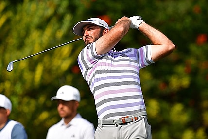 Feb 17, 2023; Pacific Palisades, California, USA; Max Homa hits from the fourth hole tee during the second round of The Genesis Invitational golf tournament. Mandatory Credit: Gary A. Vasquez-USA TODAY Sports