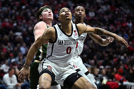 Feb 21, 2023; San Diego, California, USA; San Diego State Aztecs forward Keshad Johnson (0) boxes out Colorado State Rams guard Joe Palmer (20) during the second half at Viejas Arena. Mandatory Credit: Orlando Ramirez-USA TODAY Sports