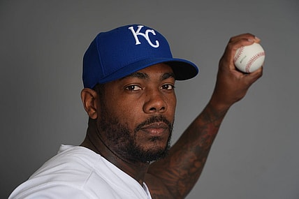Feb 22, 2023; Surprise, AZ, USA; Kansas City Royals relief pitcher Aroldis Chapman (54) poses for a photo during Photo Day at Surprise Stadium Mandatory Credit: Joe Camporeale-USA TODAY Sports