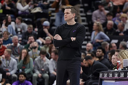 Feb 23, 2023; Salt Lake City, Utah, USA; Utah Jazz head coach Will Hardy walks the sidelines during the second half against the Oklahoma City Thunder at Vivint Arena. Mandatory Credit: Chris Nicoll-USA TODAY Sports