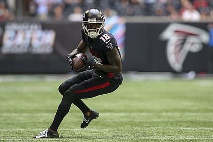 Oct 3, 2021; Atlanta, Georgia, USA; Atlanta Falcons wide receiver Calvin Ridley (18) runs after a catch against the Washington Football Team in the second quarter at Mercedes-Benz Stadium. Mandatory Credit: Brett Davis-USA TODAY Sports