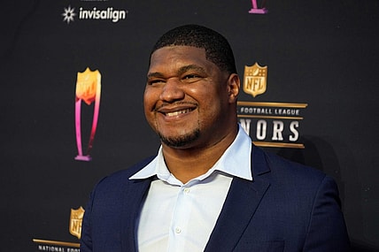 Feb 10, 2022; Los Angeles, CA, USA; Calais Campbell appears on the red carpet prior to the NFL Honors awards presentation at YouTube Theater. Mandatory Credit: Kirby Lee-USA TODAY Sports
