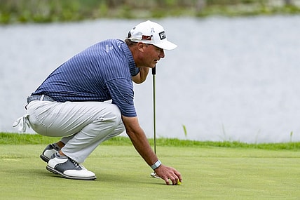 May 26, 2022; Benton Harbor, Michigan, USA; Chris Dimarco reads his putt on the eighteenth green during the first round of the 2022 KitchenAid Senior PGA Championship at Harbor Shores. Mandatory Credit: Raj Mehta-USA TODAY Sports