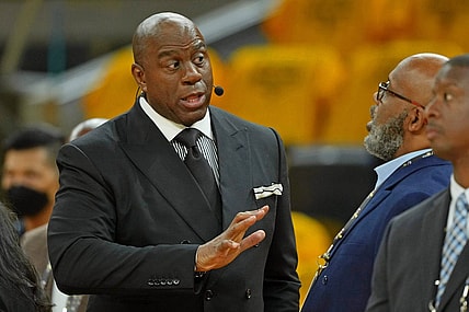 Jun 2, 2022; San Francisco, California, USA; ESPN analyst Magic Johnson before game one of the 2022 NBA Finals between the Golden State Warriors and the Boston Celtics at Chase Center. Mandatory Credit: Darren Yamashita-USA TODAY Sports