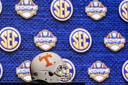 Jul 21, 2022; Atlanta, GA, USA; The Tennessee helmet shown on the stage during SEC Media Days at the College Football Hall of Fame. Mandatory Credit: Dale Zanine-USA TODAY Sports