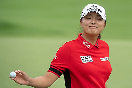 Aug 26, 2022; Ottawa, Ontario, CAN; Jin Young Ko salutes the crowd after completing her 18th hole during the second round of the CP Women's Open golf tournament. Mandatory Credit: Marc DesRosiers-USA TODAY Sports